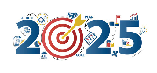 2025 new year goal plan action with target icons, Business plan, financial plan and strategies. Annual plan and development for achieving goal, achievement and success in 2024. Vector illustrator set.
