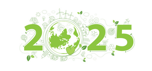 2025 New year, Eco friendly, Sustainability planning concept with globe and World environmental green doodle icons drawing set on white background ,Vector illustration