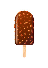 Popsicle with chocolate glaze and nuts. Summer cold dessert. Delicious crispy soft sweets, realistic food illustration. For menu, cafe, stickers, design elements.