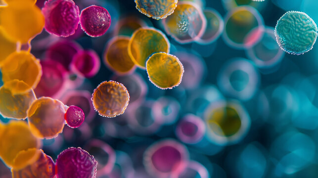 Abstract 3d illustration of virus and pandemic under microscope. Concept of disease or flu.