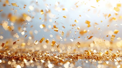 Close-Up of Shiny Gold Foil Confetti on a White Background Celebrating Luxury and Elegant Festive Occasions