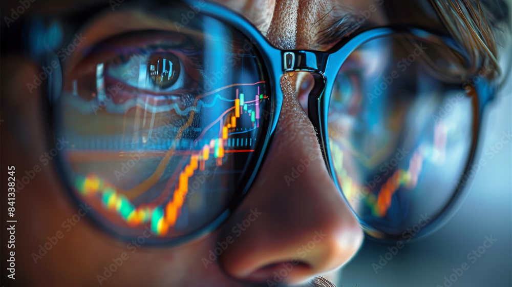 Fototapete close up of an individual wearing glasses, through which the reflection of a computer screen display