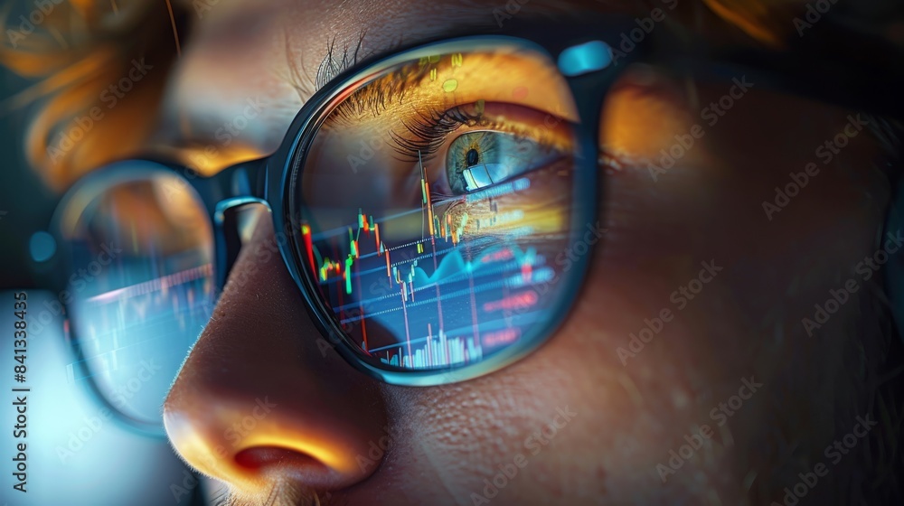 Poster Close up of an individual wearing glasses, through which the reflection of a computer screen displaying a stock market chart is visible. analysis of market trends and data. Generative AI.