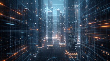 Futuristic 3d cityscape with digital elements, wireframe skyscrapers, and technology concept