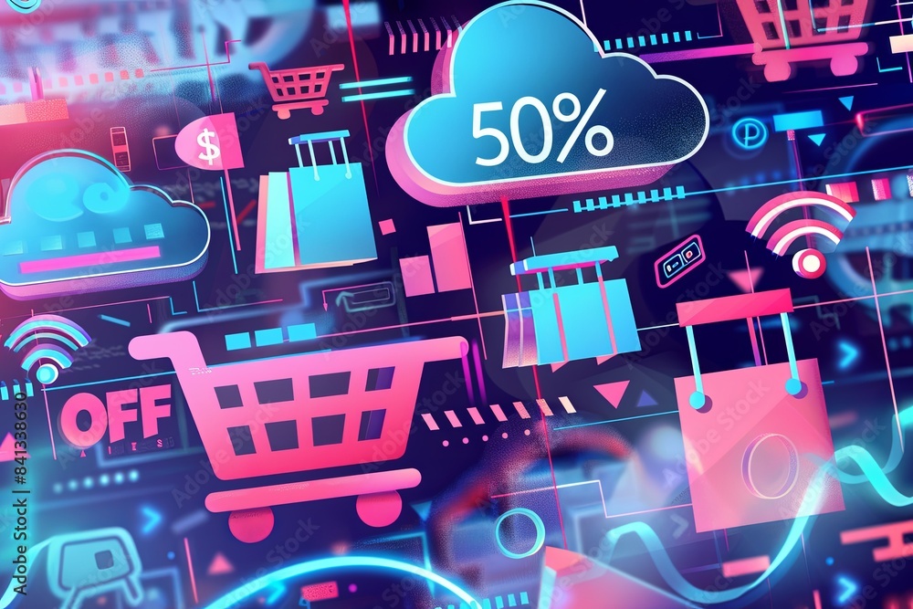 Poster an abstract digital background with shopping carts, product icons, and a large 50% off cloud. genera