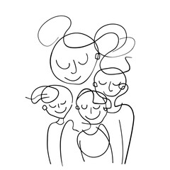 Happy mother hugs her children illustration. Mommy embrace her little son and daughter. Mom with kids. Vector icon logo, emblem. Line Art, continuous line. Poster, greeting card, invitation