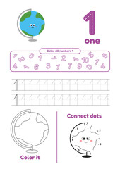 Educational games on one page for kids. Color page, dot to dot, trace. Learn number 1