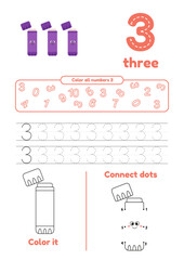 Educational games on one page for kids. Color page, dot to dot, trace. Learn number 3