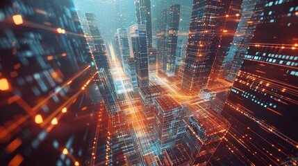 Futuristic 3d cityscape with digital elements, wireframe skyscrapers, and technology concept