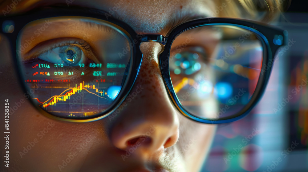 Fototapete close up of an individual wearing glasses, through which the reflection of a computer screen display