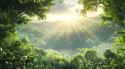 Lush Green Valley with Sunlit Forest Canopy for Yoga and Wellness Background