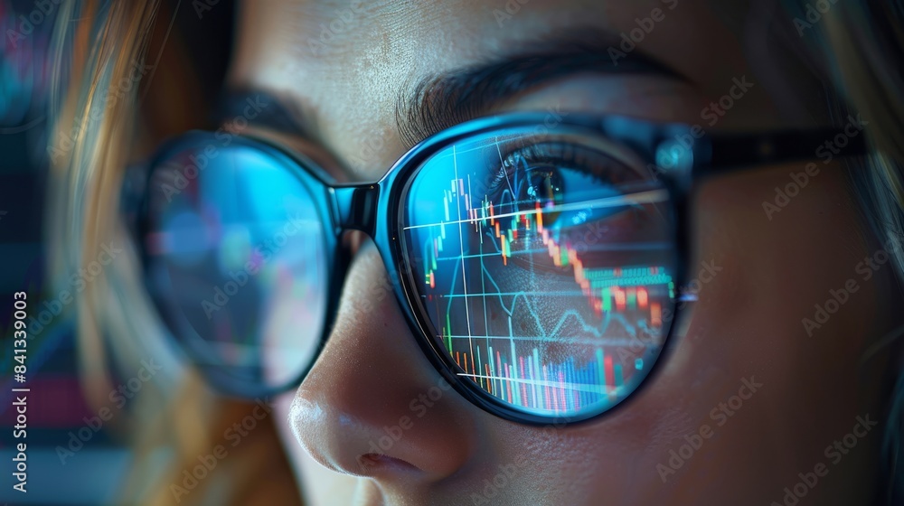 Fototapete close up of an individual wearing glasses, through which the reflection of a computer screen display