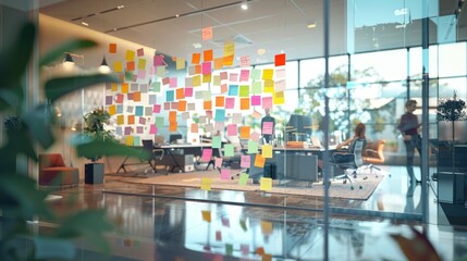 Obraz premium Dynamic Office Space with Colorful Sticky Notes and Collaborating Employees in Modern Environment