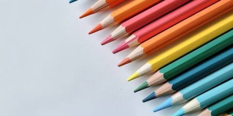 Fototapeta premium Colorful pencils neatly arranged in a diagonal row on a white background, showcasing a vibrant spectrum of hues ideal for art, creativity, and educational purposes..