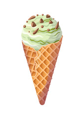 Mint or pistachio green ice cream in a waffle cone with chocolate chips. Summer cold dessert. Delicious crispy soft sweets, realistic food illustration. For menu, cafe, stickers, design elements.