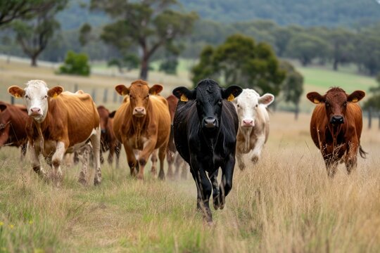 Dynamic photo of a herd of cattle charging towards the camera in a grassy field
