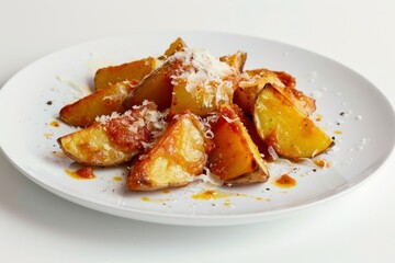 Naklejka premium Tantalizing Barcelona Potatoes with Scarle Amber Sauce and Parmesan