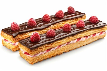 Layered raspberry pastry with chocolate drizzle, intricate and delectable dessert, perfect for indulgence, gourmet delight, vibrant and rich in flavor