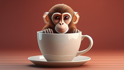 A monkey peeks out from a white teacup against a red background. This surreal and whimsical scene captures the monkey's curious expression, creating a playful and imaginative atmosphere.
