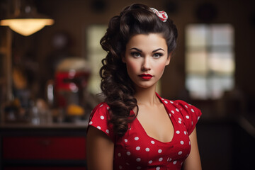 Attractive brunette woman in red in pin-up style in restaurant or cafe. Looks into the camera. With space for text. Vintage styling. Ideal for advertising posters. Generative AI