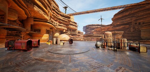 A 3D illustration of a futuristic desert settlement with advanced machinery and structures, creating a Sci-fi ambiance.