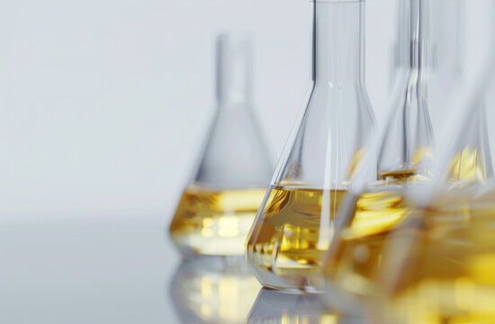 Design an eyecatching banner featuring glass beakers and flasks filled with yellow liquid, set against a pristine white background for high-quality advertising graphics.