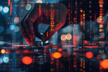 Fototapeta premium closeup hand, Businessman sorting coins, Overlay with line data hologram and city background