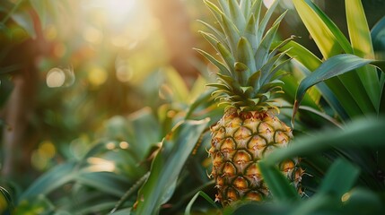 Obraz premium Pineapple tropical fruit growing in the garden. space for texture