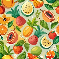 Seamless pattern of tropical fruit patterns with a watercolor effect for a soft and dreamy look, Generative AI