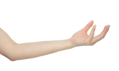 Cropped shot view of woman left hand with begging gesture or holding something.