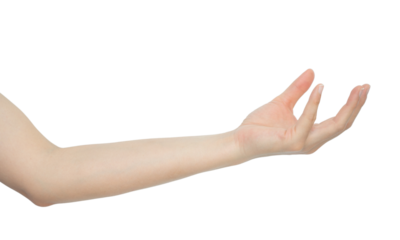 Cropped shot view of woman left hand with begging gesture or holding something.