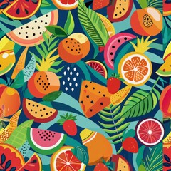Seamless pattern of tropical fruit patterns with geometric shapes and bold color combinations, Generative AI