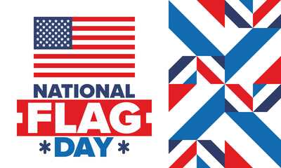 National Flag Day in United States. American flag day. Holiday celebrated annual June 14 in USA. Patriotic style design. Poster, greeting card, banner and background. Vector illustration
