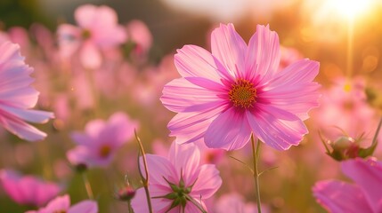 Obraz premium pink cosmos flower blooming in the field.