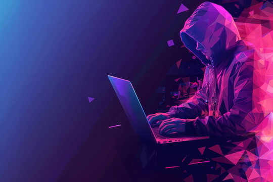 polygonal hacker with laptop, Cyber attack, Computer hacking concept, criminal