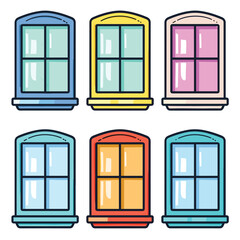 Set colorful cartoon windows various colors designs isolated white background. Bright architectural elements classic frames panes, suitable home exterior. Six different window illustrations flat