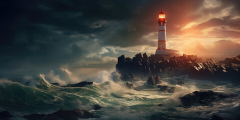 Fototapeta premium Lighthouse In Stormy Landscape - Leader And Vision Concept.