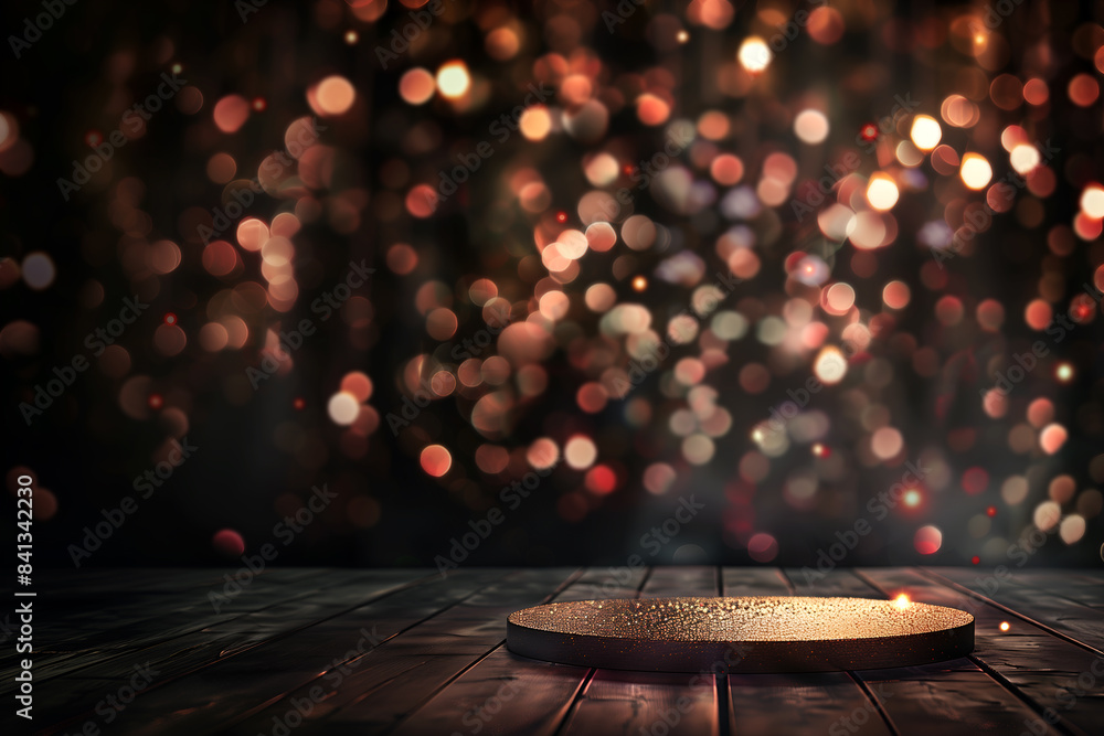 Poster abstract template concept. shiny gold podium with blur light golden bokeh sparkly glitter background