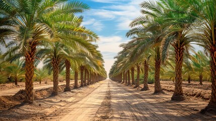 Plantation of date palms intended for healthy food production. Dates production is a rapidly developing agriculture industry in desert areas of the Middle East 