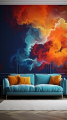 Elegant Living Room Design with Sofa and Abstract Art Wallpaper
