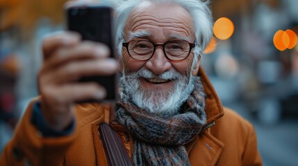 Close-Up of Smiling 70-Year-Old Man Using Mobile Phone to Take Pictures, Capturing Joy and Enthusiasm in Modern Technology Engagement