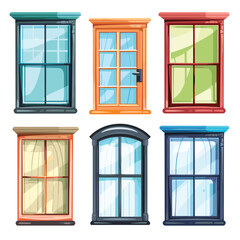 Collection various windows, classic modern styles, colorful frames. Vector illustration different house windows, isolated white background. Set six cartoon home exterior elements, architecture
