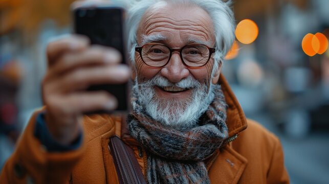 Close-Up of Smiling 70-Year-Old Man Using Mobile Phone to Take Pictures, Capturing Joy and Enthusiasm in Modern Technology Engagement