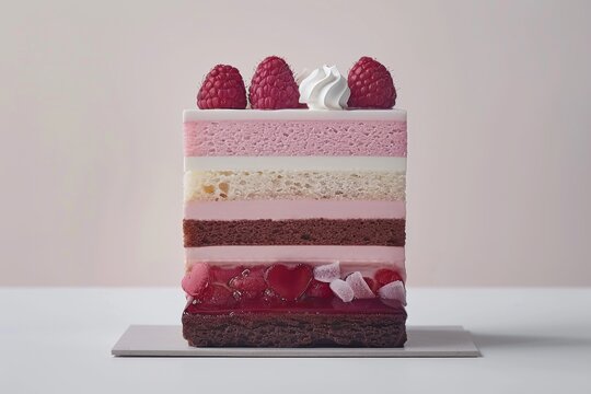 Raspberry layered cake with cream, vibrant and delightful, perfect for celebrations, colorful dessert photography, sweet and elegant layered treat