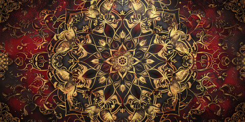 Ornate red and black mandala pattern with intricate gold details, featuring a luxurious and dramatic design that combines traditional elements with modern flair, exuding elegance and sophistication..