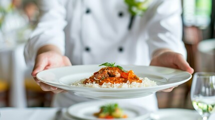Professional waiter enhancing dining experience with meat dishes at festive event