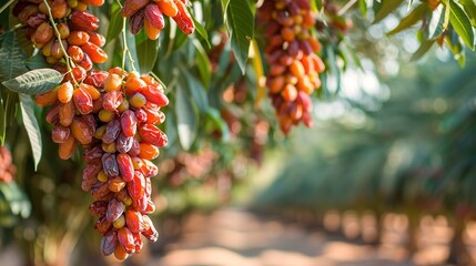 Ready to ripe dates hanging from the tree at a date Plantation in Saudi Arabia 