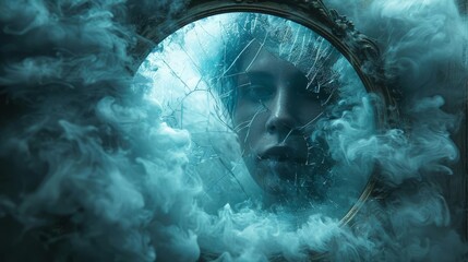 A shattered gothic mirror, revealing a sinister figure, dark horror scene, high detail, misty surroundings, cold blue lighting, creepy ambiance.