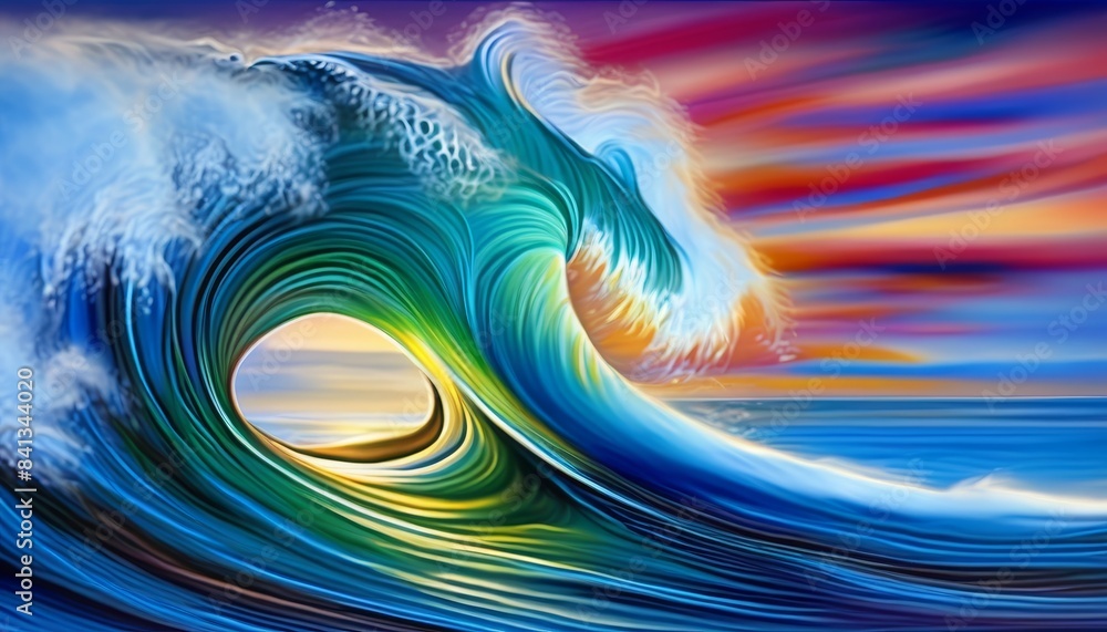 Poster surreal digital artwork of a massive wave with flowing vibrant colors, resembling a dynamic ocean sc