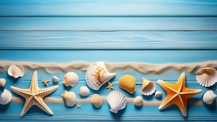 Blue wooden board background with seashells and starfish with space for text in the center